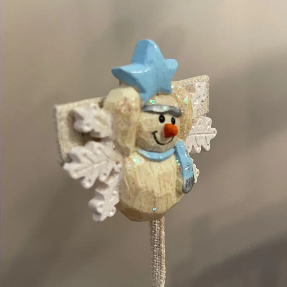 Vintage Charming Cream Snowman & Snowflake Pin with Blue Accents Holiday Brooch
